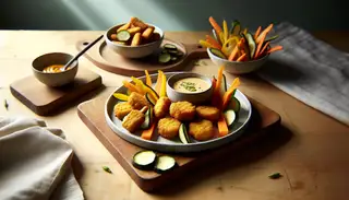 A minimalist table setting featuring a plate of crispy vegan fried snacks made from chickpea flour and sliced vegetables, served with a vegan dip, under soft daylight.