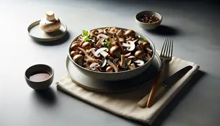 Savory Umami Mushroom Medley showcasing rich flavors on a minimalist table, inviting viewers to savor the delectable side dish.