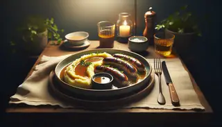Image of a cozy gastro pub setting with a plate of vegan 'sausage' and mash, featuring steamed seitan sausages, creamy mashed potatoes, rich gravy, and fresh parsley.