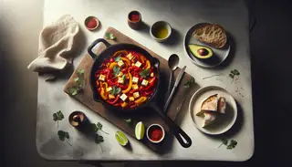 Image of a vegan Shakshuka in a rustic skillet, with charred peppers and crumbled tofu, garnished with cilantro, beside sourdough bread, avocado slices, and a lime wedge on a minimalist table.