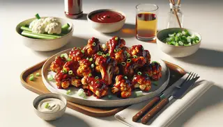 BBQ Cauliflower Wings on clean table setting, crispy florets coated in BBQ sauce, garnished with green onions, casual and inviting atmosphere