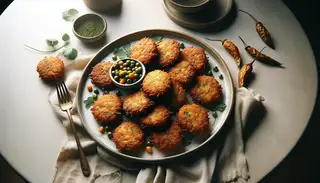 A visually appealing plate of Vegan Kenyan Githeri Fritters, golden-brown and crispy, set on a clean table with fresh herbs for a warm, inviting feel.