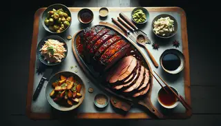 Asian-inspired vegan holiday feast featuring a glazed roast, wasabi coleslaw, and sesame potato salad in a minimalist, elegant setting.