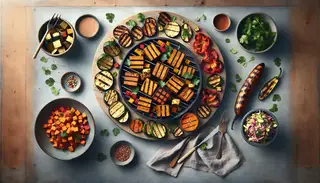 Artistic vegan barbecue feast with caramelized TVP, grilled sweet potatoes, red peppers, zucchini, and a side of vegan coleslaw on a minimalist table.