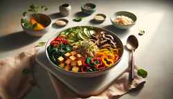 Vegan Pan-Asian Delight Bowl featuring tofu, shiitake mushrooms, colorful vegetables, and quinoa, elegantly presented with minimalist decor.