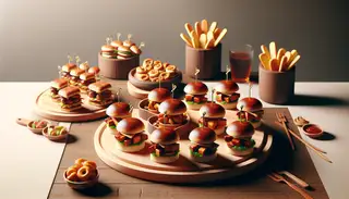 A rustic table displays a spread of finger foods, highlighting BBQ Jackfruit Sliders as the star. Vegan ingredients are artfully showcased in a casual outdoor BBQ setting, inviting a feast for the eyes.
