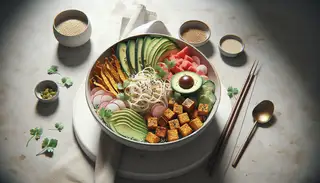 Image of 'Thin Food Festival Special: Vegan Delight' featuring rice noodles, watermelon slices, avocado, jackfruit, crispy tempeh, garnished with cucumber, radish, cilantro, and sesame seeds on a minimalist table.