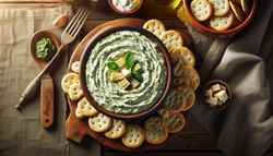 Close-up of a luscious Creamy Vegan Spinach & Artichoke Dip on a minimalist table, showcasing its velvety texture and inviting appeal