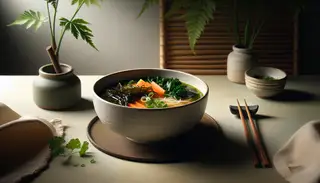 Vegan miso soup with kale, carrots, and wakame in a gray bowl on a bamboo mat, garnished with cilantro and green onions, beside chopsticks.