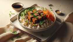 Image of a minimalist vegan meal featuring sticky tempeh on sushi rice, garnished with sesame seeds, carrots, cucumber, and cilantro, with chopsticks and soy sauce on the side.