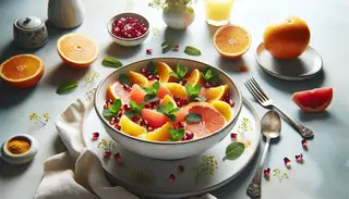 A vibrant Citrusy Brunch Delight in an elegant bowl with orange, grapefruit, pomegranate, mint, cinnamon, and lemon zest, set on a simplistic table in bright lighting.