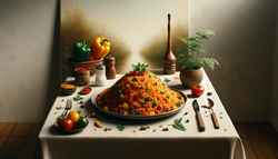 A vibrant Vegan Jollof Rice dish garnished with diced tomatoes, bell peppers, and aromatic spices on a beautifully set table.