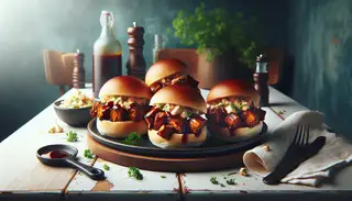 A beautifully arranged table showcases BBQ Jackfruit Sliders: fluffy buns filled with smoky jackfruit and tangy BBQ sauce, topped with creamy coleslaw. Fresh herbs add a pop of color.