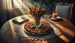 A platter of delectable vegan finger foods: finely diced mushrooms seasoned with Asian spices, formed into golden brown sticks or patties, arranged on a sleek table with soft natural lighting.