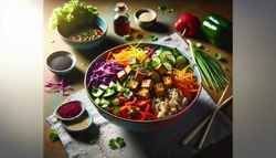 Vibrant Asian fusion vegan bowl with brown rice, colorful vegetables, golden tofu, and fresh garnishes, highlighted by warm, inviting lighting.