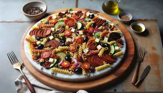 Vegan Charcuterie Pasta Salad on a board with fusilli, tempeh, sun-dried tomatoes, vegan feta, olives, artichokes, red onion, capers, and basil, dressed in olive oil and balsamic.