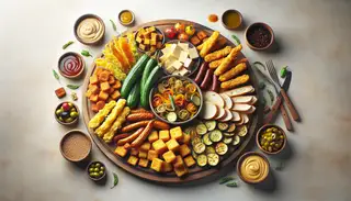 A vegan charcuterie board featuring crispy tempura vegetables, browned vegan sausage, tofu, vegan cheese, fried bread, olives, pickles, and dipping sauces.