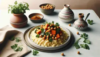 A tantalizing Moroccan-Kenyan fusion: couscous topped with chickpeas, sweet potatoes, and cilantro on a minimalist table.