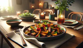 A plate of crispy tempeh marinated in dark sauce with caramelized bell peppers and onions, garnished with coriander, under warm lighting.
