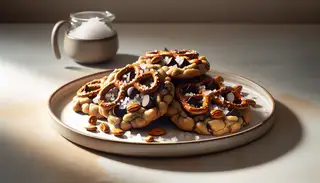 Freshly baked vegan cookies with almond flour and sea salt, topped with dark chocolate chips and pretzels, on a modern plate in soft lighting.
