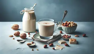 A luxurious, nutty cream beverage on a clean, minimalist table setting, exuding freshness and indulgence.