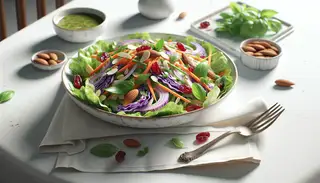 Gourmet vegan salad with Napa cabbage, carrots, red peppers, onions, and herbs, garnished with almonds and cranberries on a minimalist table.