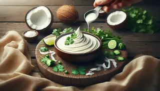 Coconut Cilantro Crème side dish exuding silk-like texture and creamy aesthetics on a minimalist wooden table