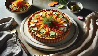 Vegan pickled vegetable tart on a simple ceramic plate, featuring a golden crust and colorful filling, topped with fresh dill, in natural light.
