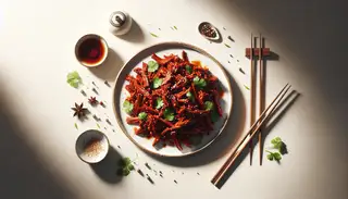 Image of peppery Asian BBQ jackfruit on a white plate, resembling pulled pork with a shiny glaze, garnished with cilantro and sesame seeds, accompanied by bamboo chopsticks.