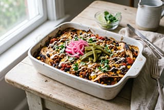 Smoky Adobo and Pickled Nopal Garden Bake A colorful vegan casserole with charred tortillas, black beans, and pink pickled onions in a white dish on a sunlit wooden table.