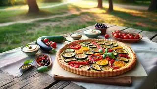 Vegan Mediterranean Picnic Tart on a wooden table, surrounded by small dishes of hummus and sun-dried tomatoes, in a serene park setting.