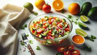 Vibrant vegan ceviche in a glass bowl with tomatoes, cucumber, onion, bell pepper, and avocado, garnished with cilantro, beside whole limes and an orange on a clean table.