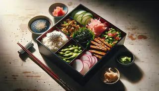 Traditional bento box on a wooden table, filled with sushi rice, vegan teriyaki chicken, pickled radish, edamame, cucumber, seaweed salad, and sprinkled with toasted sesame seeds. Bright lighting enhances the vibrant, fresh ingredients.