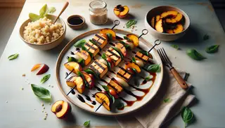 Grilled peach and tofu skewers with balsamic glaze on a minimalist table, accompanied by quinoa and a fresh salad.