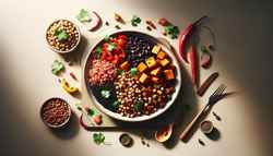 Vibrant vegan African-inspired snack on a minimalist table, featuring sorghum, black-eyed peas, sweet potatoes, red peppers, cilantro, and lemon drizzle.