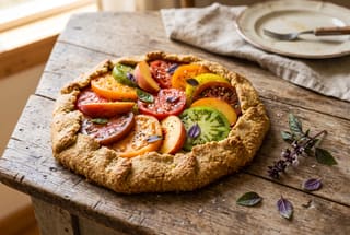 72-Hour Fermented Masa and Heirloom Tomato Galette A rustic vegan sourdough masa galette with tomatoes and peaches on a wooden table in soft sunlight.