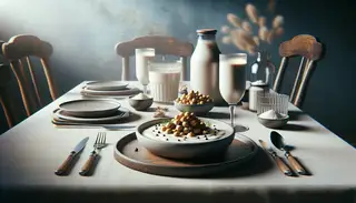 Artfully presented creamy vegan African dish with coconut milk and chickpeas in inviting dinner setting