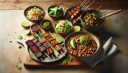 Vegan Asian BBQ Meze Platter with smoky jackfruit, grilled seitan, chili miso tempeh skewers, and colorful sides garnished with cilantro and lime on a neutral table.