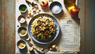 European inspired vegan risotto with Arborio rice, porcini mushrooms, and nutritional yeast, elegantly plated on a white table