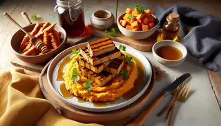 Image of Maple Miso Tempeh over creamy sweet potato mash, garnished with fresh herbs, presented in a clean, minimalistic style on a clutter-free table.