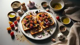 Minimalist image of toasted bread slices topped with cherry tomatoes, olives, onions, garlic, capers, basil, drizzled with balsamic vinegar and olive oil on a clean table.