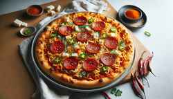 Vegan Asian-Italian noodle pizza on a plate, with spicy sauce, ramen, vegan pepperoni, cashew cheese, garnished with green onions, sesame, cilantro, and chili oil.