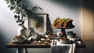 Minimalistic dining table with vibrant Umami Jackfruit Tacos, inviting viewers to savor a rich, savory vegan experience in natural light.