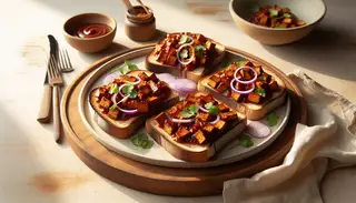 A sunny table setting featuring Vegan BBQ Toast on rustic bread, topped with smoky jackfruit, red onion, and cilantro, with extra BBQ sauce on the side.