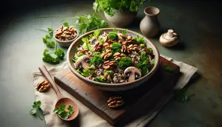 Image of a nutritious wild rice salad with roasted mushrooms and walnuts in a rustic bowl on a wooden table, accented with fresh parsley and a linen napkin.
