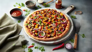Asian-inspired vegan pizza on a minimalist table, topped with jackfruit, veggies, vegan cheese, and hoisin sauce, garnished with cilantro and sesame seeds.