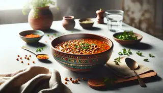 African-inspired Lentil Soup in a vibrant bowl on a minimalist table, exuding warmth and comfort in a serene setting.
