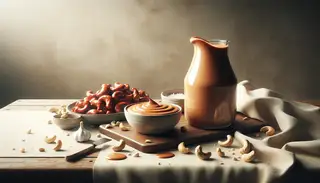 Creamy cashew garlic sauce on a simple table, surrounded by ingredients, inviting and authentic, minimalist setting.