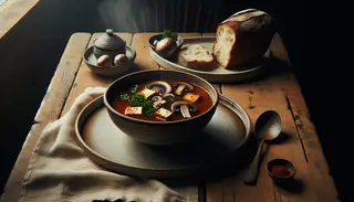 Rustic bowl of mushroom and tofu soup on a wooden table, with steam rising and a side of crusty bread. Warm lighting enhances the cozy setting.