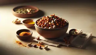 Vibrant vegan African peanut snack mix in an elegant bowl on a neutral table, highlighted by soft lighting to emphasize its spicy, textured allure.